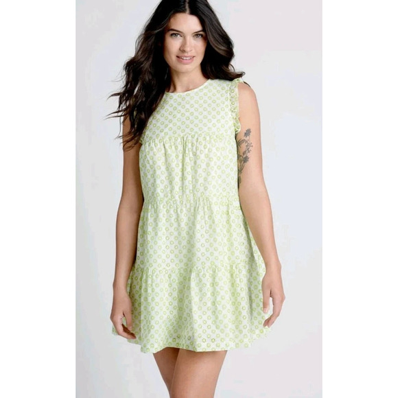 Modcloth Day Tripping Eyelet Flower Fields Trapeze Mini Dress White/Green L NWT - Picture 3 of 11